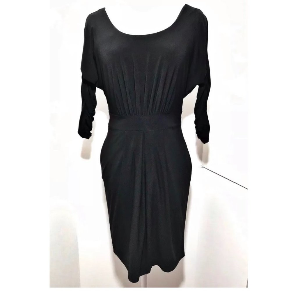 WHBM XS Small Black Wiggle Dress Ruched Sleeves Pleated Stretch